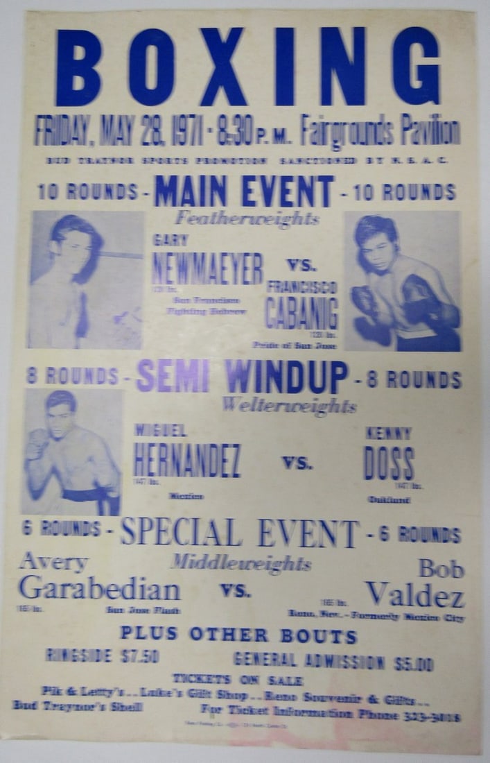 Original 14x22 Boxing Poster Newmaeyer vs Cabanig 1971 Reno NV: Original 14x22 Boxing Poster Newmaeyer vs Cabanig 1971 Reno NV Celebrate the thrilling world of boxing with this original 14x22 on-site poster from the match between Gary Newmaeyer and Francisco Caban