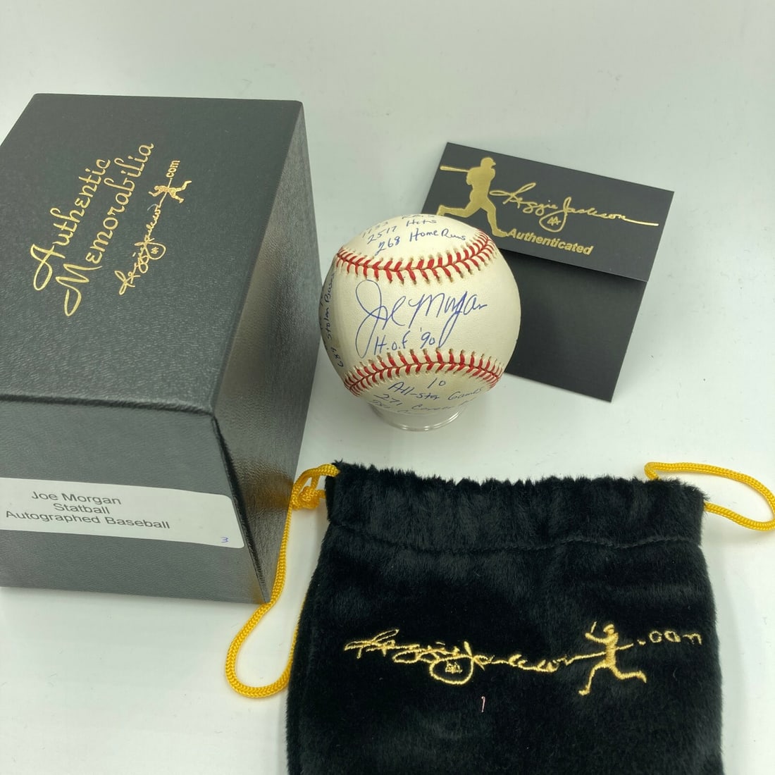Joe Morgan Signed MLB Baseball with Reggie Jackson COA and Career Stats: Joe Morgan Signed MLB Baseball with Reggie Jackson COA and Career Stats This is an Official Major League Baseball signed by Joe Morgan, featuring heavy inscriptions of his career statistics. The ball