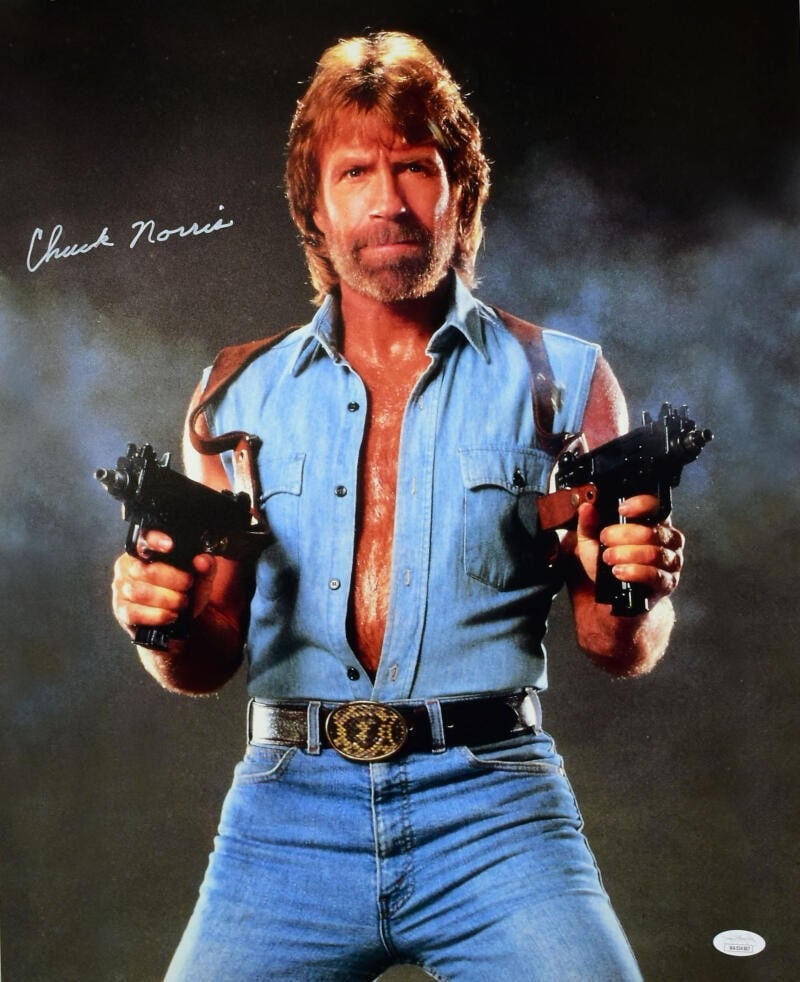 Chuck Norris Signed 16x20 Invasion U.S.A Photo JSA Authenticated: Chuck Norris Signed 16x20 Invasion U.S.A Photo JSA Authenticated Capture a piece of cinematic history with this original 16x20 photograph from the classic film "Invasion U.S.A." featuring the legendar
