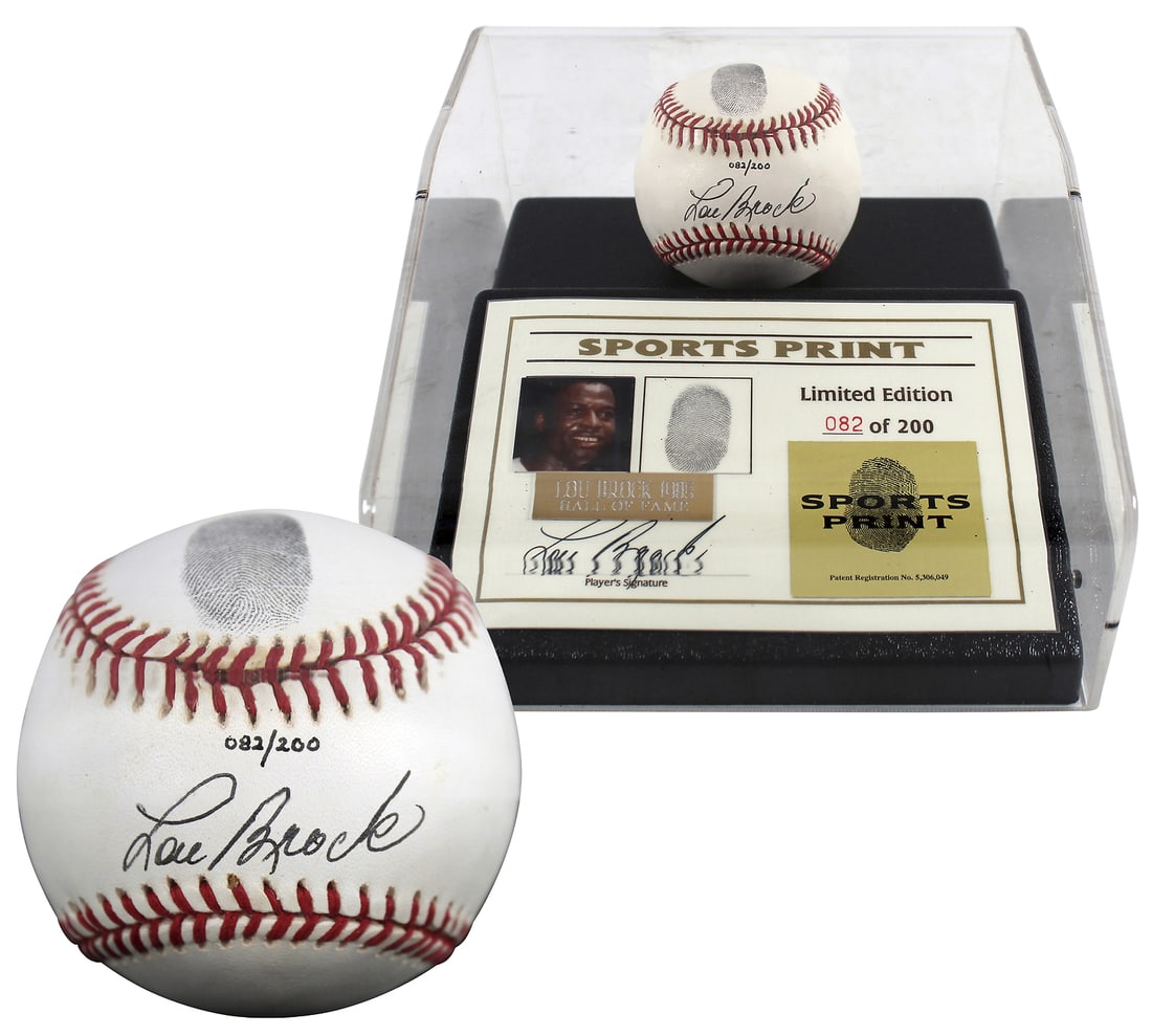 Lou Brock Signed Limited Edition Thumbprint Baseball #/200 with Display Case (1 of 4)