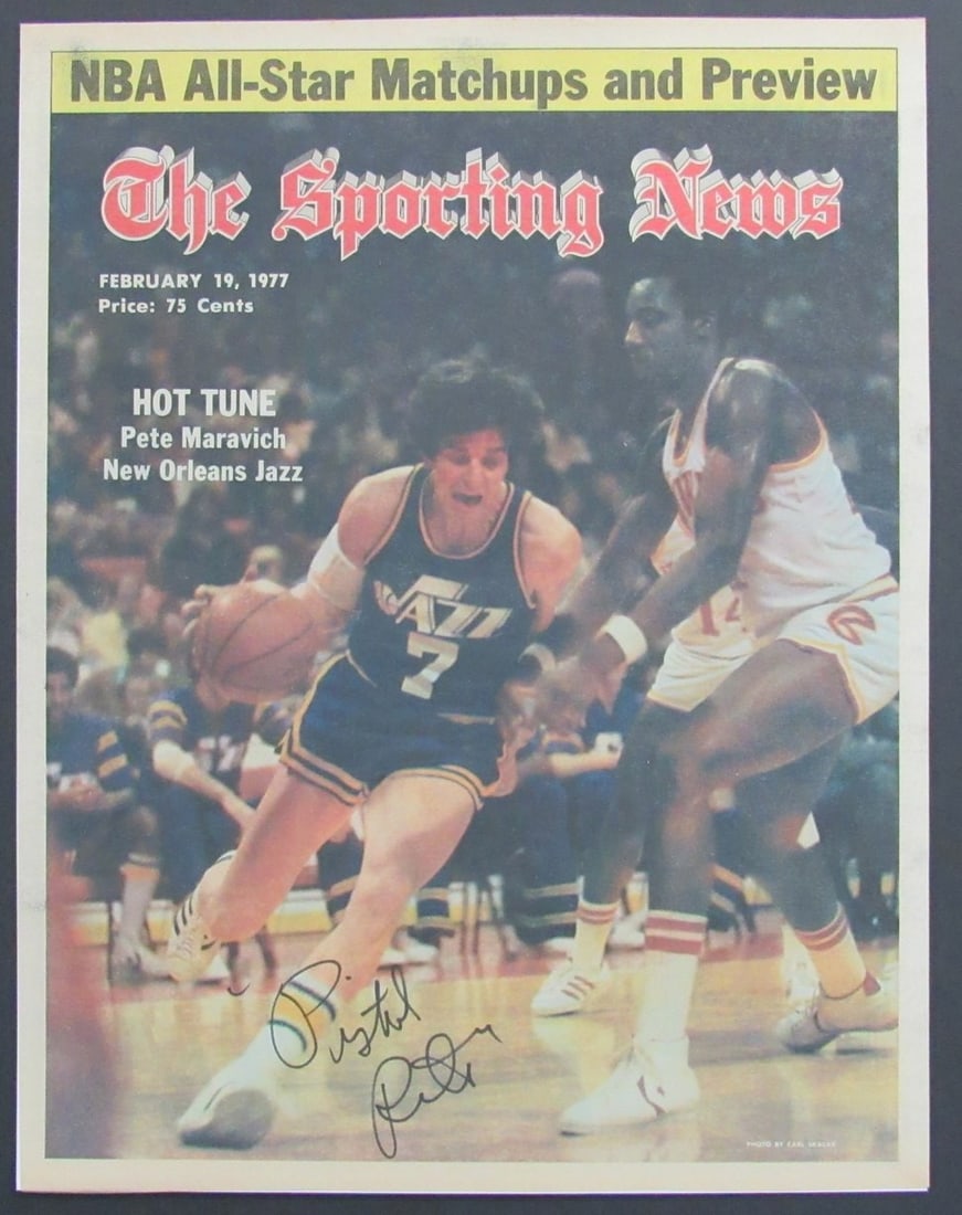 Pistol Pete Maravich HOF Autographed 1977 Sporting News Newspaper JSA Certified (1 of 5)