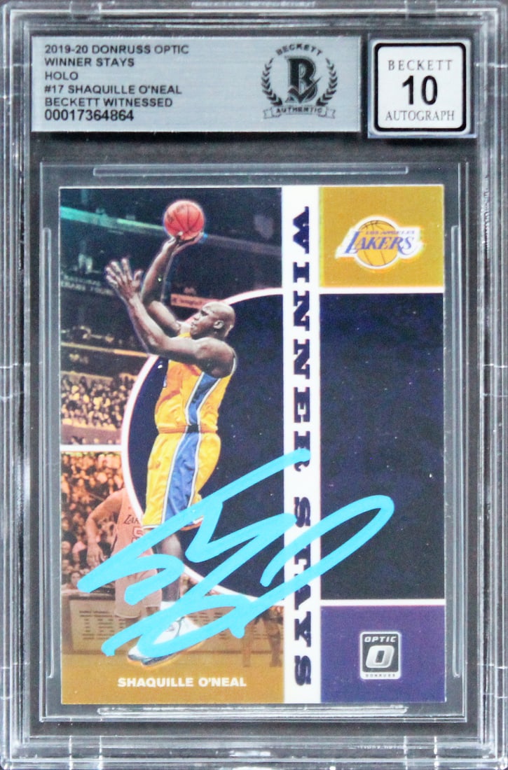 Shaquille O'Neal Signed 2019 Donruss Optic Holo #17 Card Gem Mint 10 Beckett: Shaquille O'Neal Signed 2019 Donruss Optic Holo #17 Card Gem Mint 10 Beckett This 2019 Donruss Optic Winner Stays Holo #17 card features the iconic Shaquille O'Neal, a celebrated player of the Los Ang