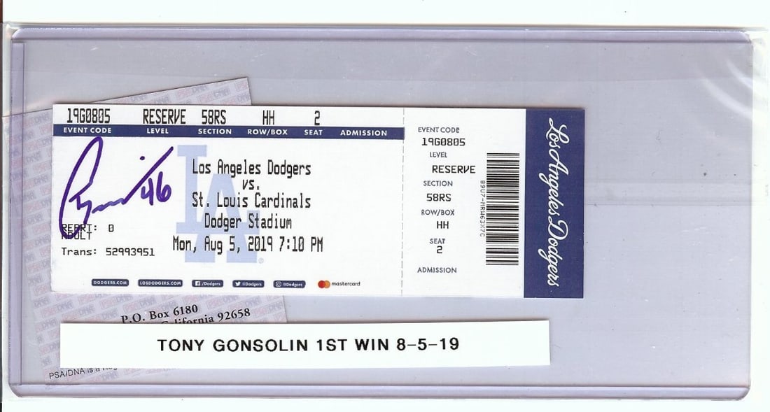 Tony Gonsolin Autographed Ticket Stub Dodgers First Win 8/5/19 PSA/DNA: Tony Gonsolin Autographed Ticket Stub Dodgers First Win 8/5/19 PSA/DNA This is a Tony Gonsolin signed ticket stub commemorating his first win with the Los Angeles Dodgers on August 5, 2019. The ticket