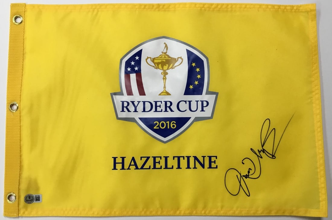 Jim Thorpe Signed 2016 Ryder Cup Hazeltine Flag Beckett Authenticated: Jim Thorpe Signed 2016 Ryder Cup Hazeltine Flag Beckett Authenticated This is an official 2016 Ryder Cup Hazeltine pin flag, expertly signed by PGA star Jim Thorpe. The signature is authenticated by B