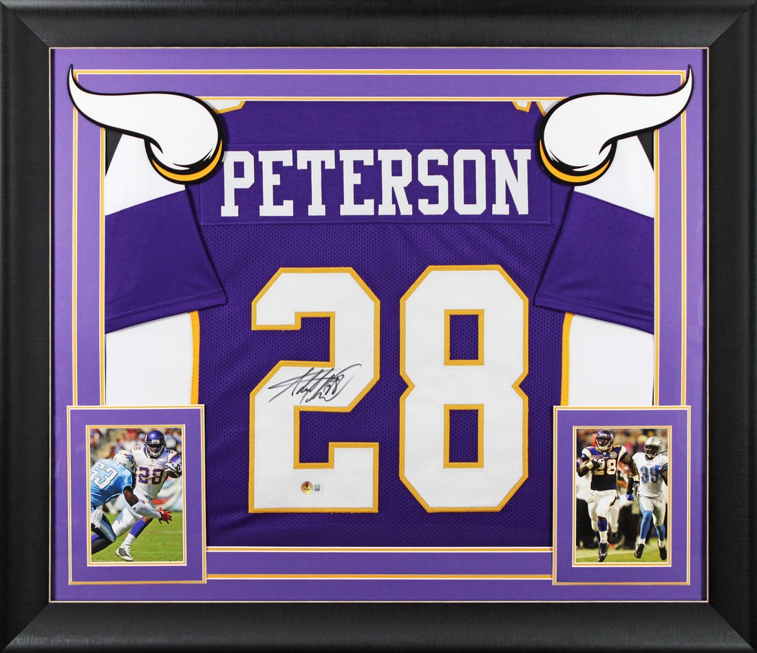 Adrian Peterson Signed Purple Pro Style Jersey Framed BAS Authentication: Adrian Peterson Signed Purple Pro Style Jersey Framed BAS Authentication Celebrate the legacy of Adrian Peterson with this autographed purple pro style framed jersey, personally signed by the legendar
