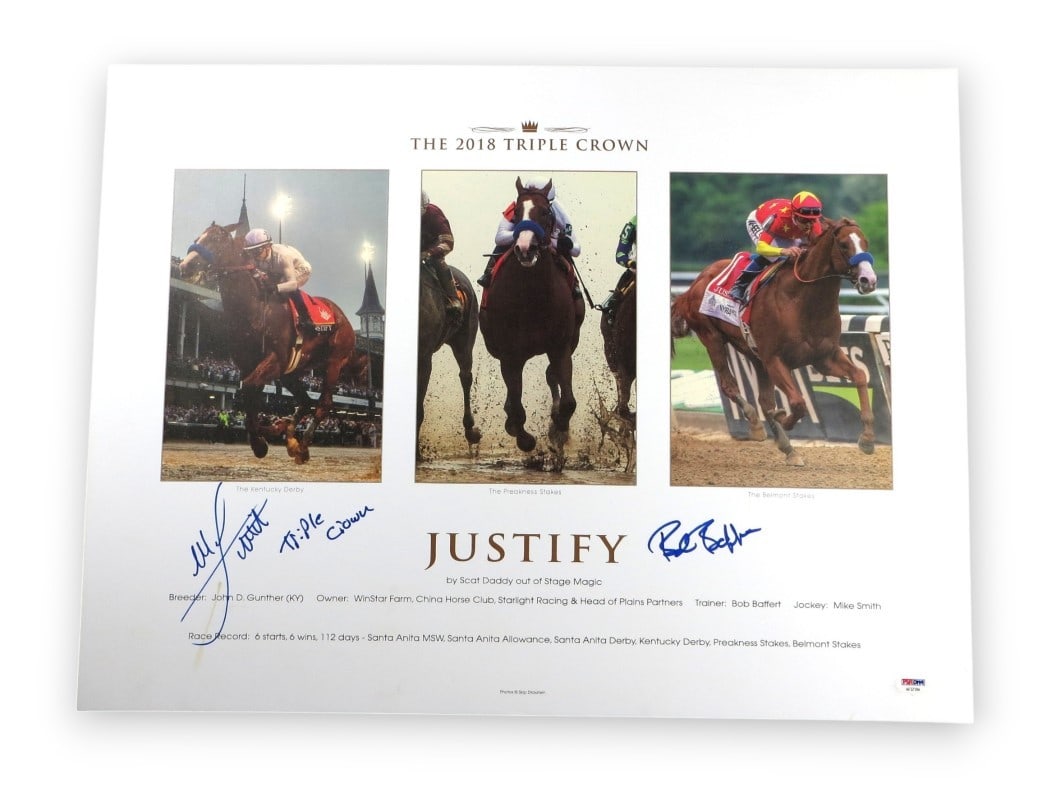 Mike Smith Bob Baffert Autographed 20X24 Triple Crown Poster PSA/DNA: Mike Smith Bob Baffert Autographed 20X24 Triple Crown Poster PSA/DNA This striking 20" x 24" poster features the autographs of renowned horse racing figures Mike Smith and Bob Baffert, celebrating the