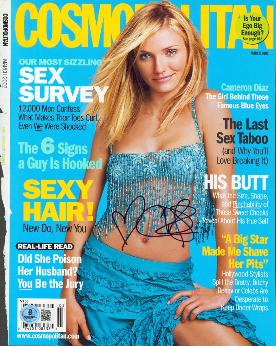 Cameron Diaz Signed March 2002 Cosmopolitan Cover with BAS Authentication: Cameron Diaz Signed March 2002 Cosmopolitan Cover with BAS Authentication This authentic signed March 2002 Cosmopolitan magazine cover features the signature of actress Cameron Diaz. The item is accom