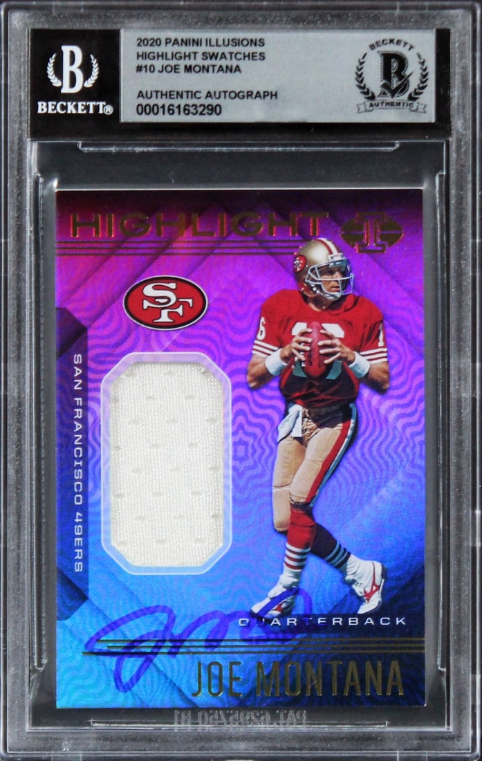 Joe Montana Signed 2020 Panini Illusions #10 Card Gem Mint 10 BAS Slabbed: Joe Montana Signed 2020 Panini Illusions #10 Card Gem Mint 10 BAS Slabbed This autographed 2020 Panini Illusions Highlight Swatches #10 card features the legendary Joe Montana of the San Francisco 49e