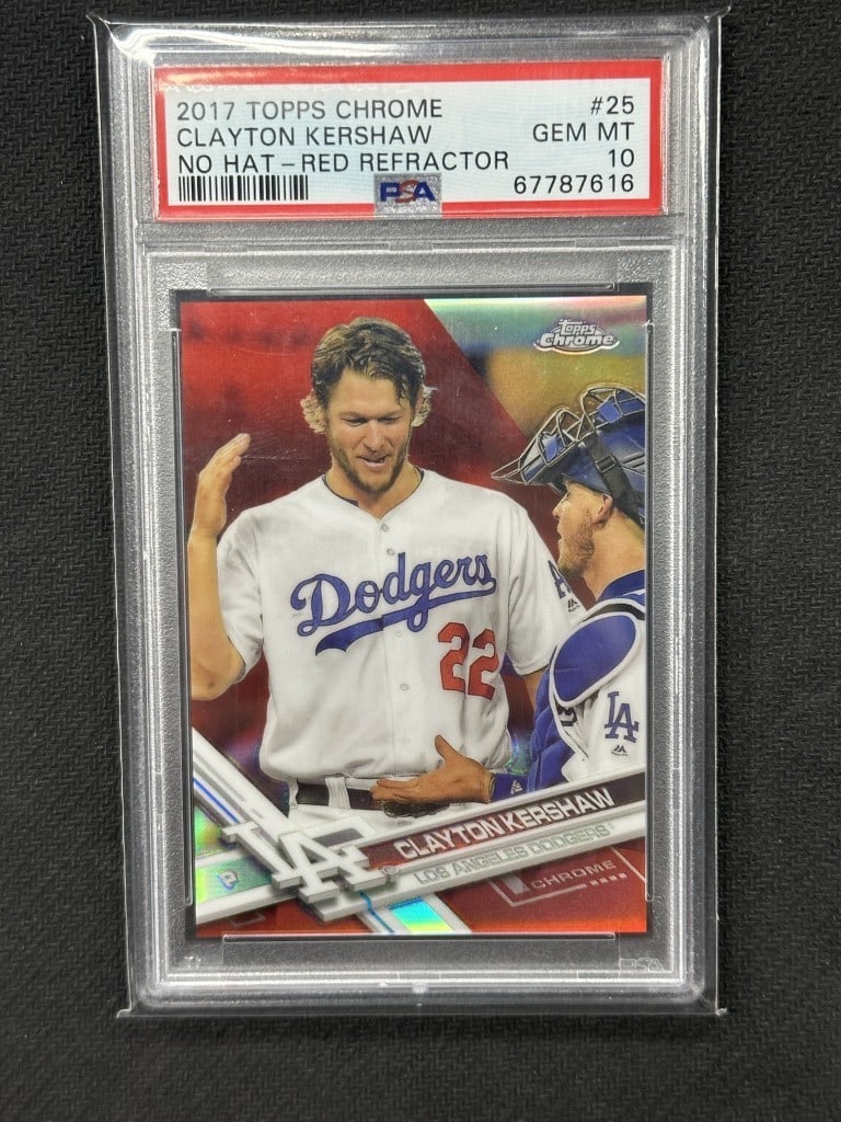 Clayton Kershaw 2017 Topps Chrome No Hat Variation Red PSA 10 #25: Clayton Kershaw 2017 Topps Chrome No Hat Variation Red PSA 10 #25 This rare Clayton Kershaw 2017 Topps Chrome No Hat Variation Red baseball card is a must-have for any collector. Graded by Professiona