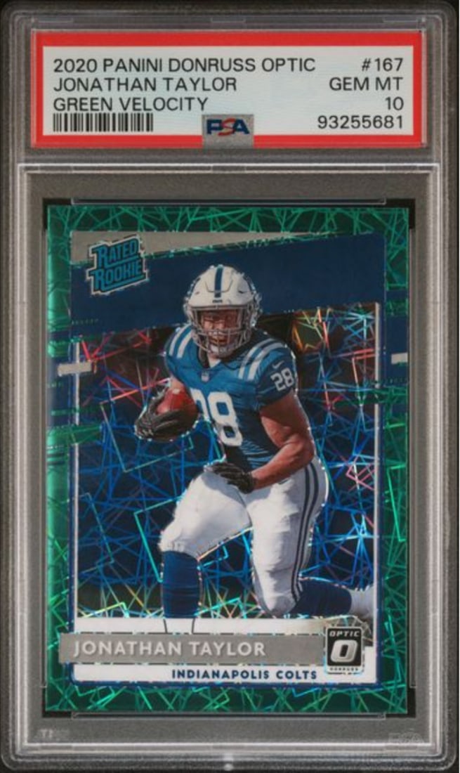 2020 Donruss Optic Jonathan Taylor #167 Green Velo PSA 10 Football Card (1 of 2)