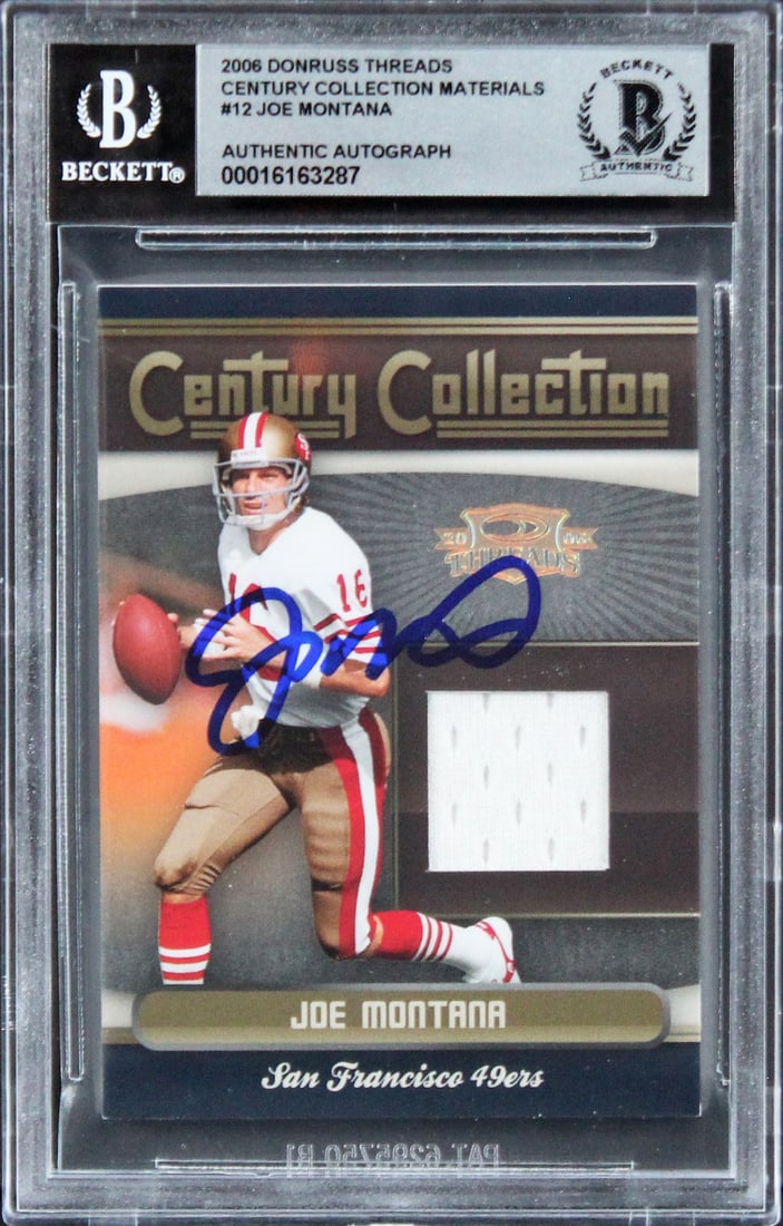 Joe Montana Signed 2006 Donruss Threads Card #12 Gem Mint 10 Beckett: Joe Montana Signed 2006 Donruss Threads Card #12 Gem Mint 10 Beckett Own a piece of football history with this 2006 Donruss Threads #12 card, personally signed by legendary quarterback Joe Montana. Gr