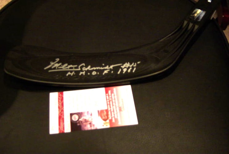 Milt Schmidt Boston Bruins Signed Hockey Stick with JSA COA: Milt Schmidt Boston Bruins Signed Hockey Stick with JSA COA This is an original hockey stick signed by the late Milt Schmidt, a legendary player of the Boston Bruins. The stick is a remarkable collect