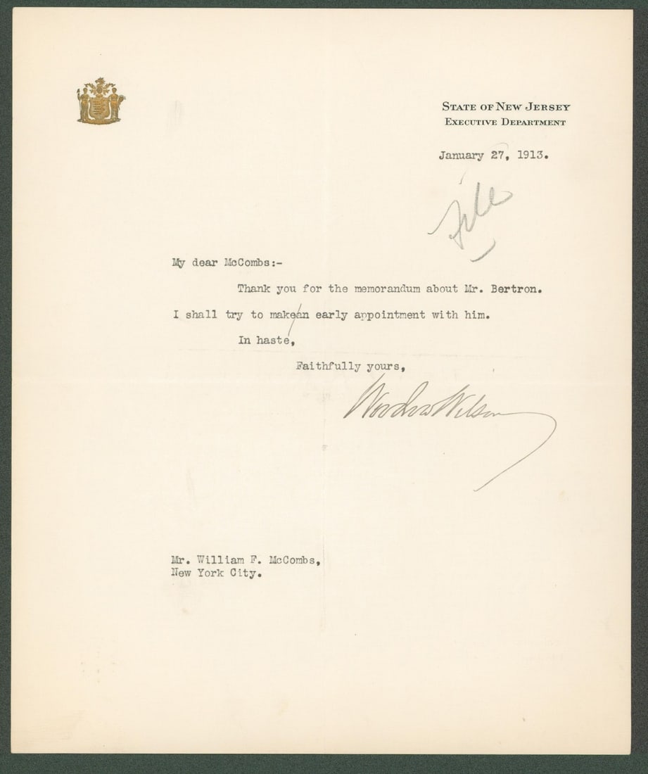 Woodrow Wilson Signed Letter 7.85x9.5 January 27 1913 Beckett COA (1 of 7)