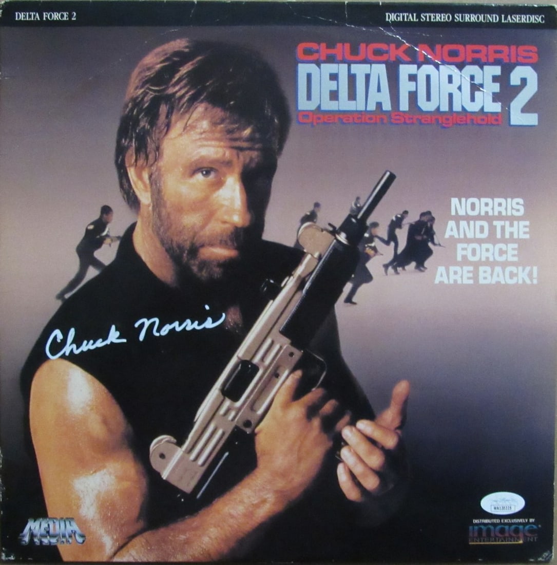 Chuck Norris Signed Delta Force 2 Laser Disk JSA Certified: Chuck Norris Signed Delta Force 2 Laser Disk JSA Certified This item features an original Chuck Norris autographed laser disk of the movie "Delta Force 2: Operation Stranglehold." The signature has be