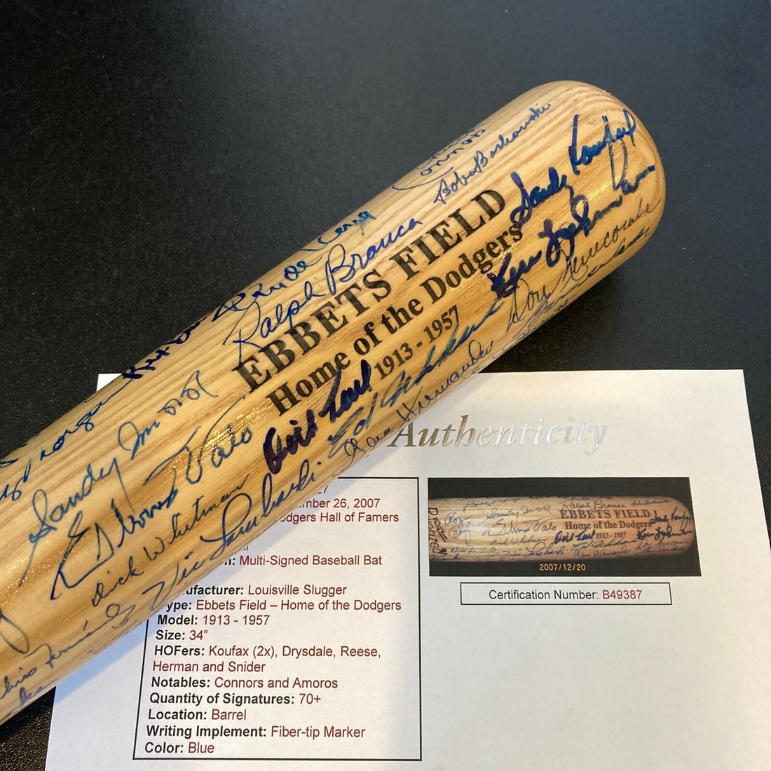 Brooklyn Dodgers Multi Signed Bat 70+ Sigs Sandy Koufax JSA COA: Brooklyn Dodgers Multi Signed Bat 70+ Sigs Sandy Koufax JSA COA This authentic multi-signed Louisville Slugger commemorative baseball bat celebrates the legendary Brooklyn & Los Angeles Dodgers, featu