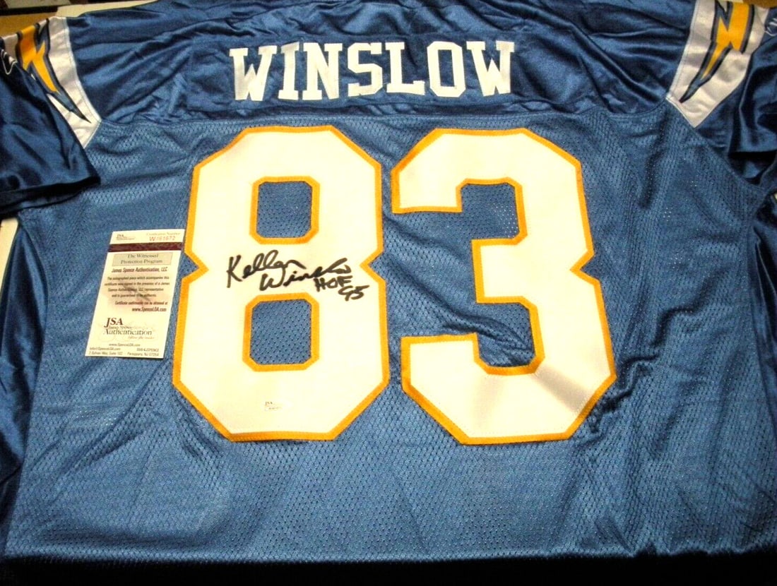 Kellen Winslow San Diego Chargers Signed Reebok Jersey JSA COA: Kellen Winslow San Diego Chargers Signed Reebok Jersey JSA COA This is an officially licensed Reebok jersey signed by Kellen Winslow, a celebrated player of the San Diego Chargers. It features authent