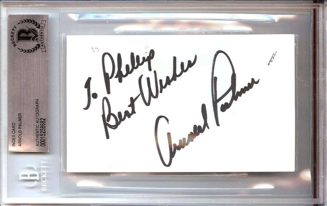 Arnold Palmer Autographed Index Card Beckett Authenticated PGA Collectible: Arnold Palmer Autographed Index Card Beckett Authenticated PGA Collectible This is an original autographed index card featuring the legendary golfer Arnold Palmer, a prominent figure in PGA history. T