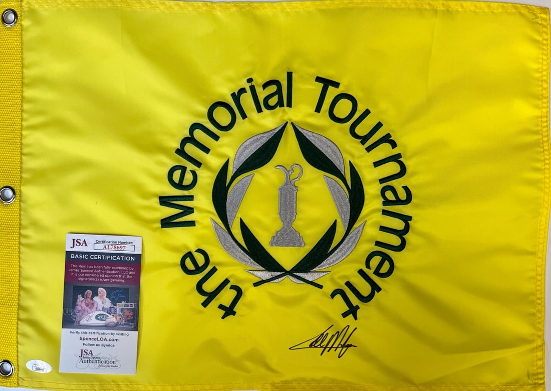 Collin Morikawa Signed Memorial Tournament Pin Flag JSA AL78697: Collin Morikawa Signed Memorial Tournament Pin Flag JSA AL78697 This is an officially licensed The Memorial Tournament pin flag, personally signed by PGA star Collin Morikawa. The autograph comes with