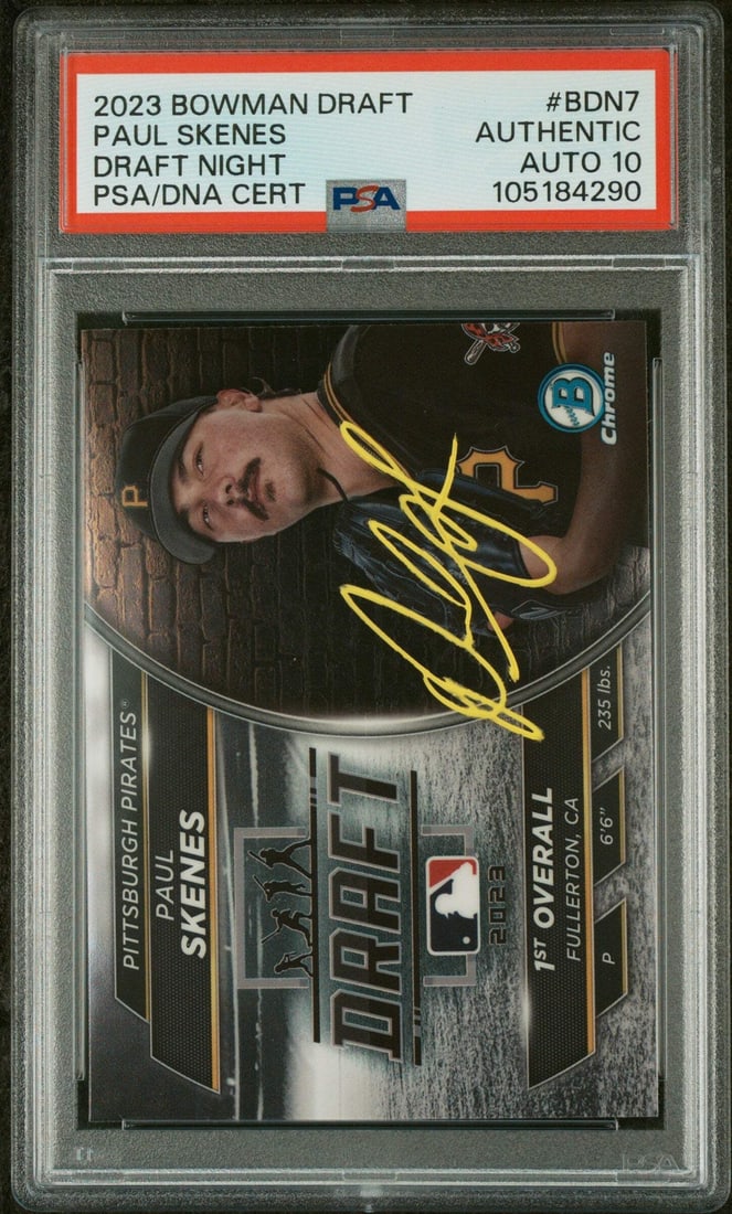 2023 Topps Bowman Draft Paul Skenes #BDN7 PSA 10 Auto Baseball Card: 2023 Topps Bowman Draft Paul Skenes #BDN7 PSA 10 Auto Baseball Card Discover the graded 2023 Topps Bowman Draft Paul Skenes #BDN7 baseball card featuring a PSA Auto Grade 10. This card is encapsulated