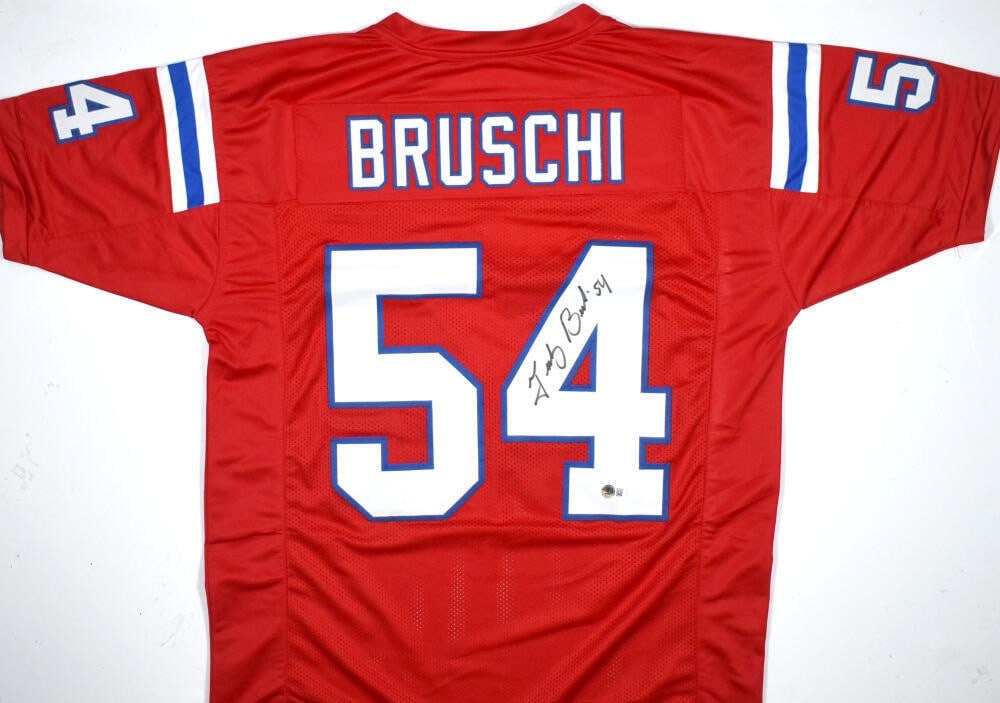Tedy Bruschi Autographed New England Patriots Jersey Beckett Authenticated: Tedy Bruschi Autographed New England Patriots Jersey Beckett Authenticated This original New England Patriots jersey features the autograph of legendary player Tedy Bruschi. The jersey is authenticate