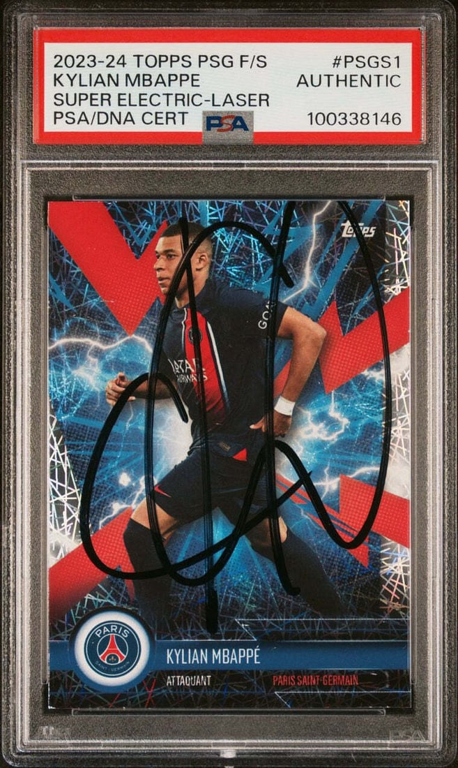 2023-24 Topps PSG Kylian Mbappe Signed Super Electric-Laser Card PSA (1 of 2)