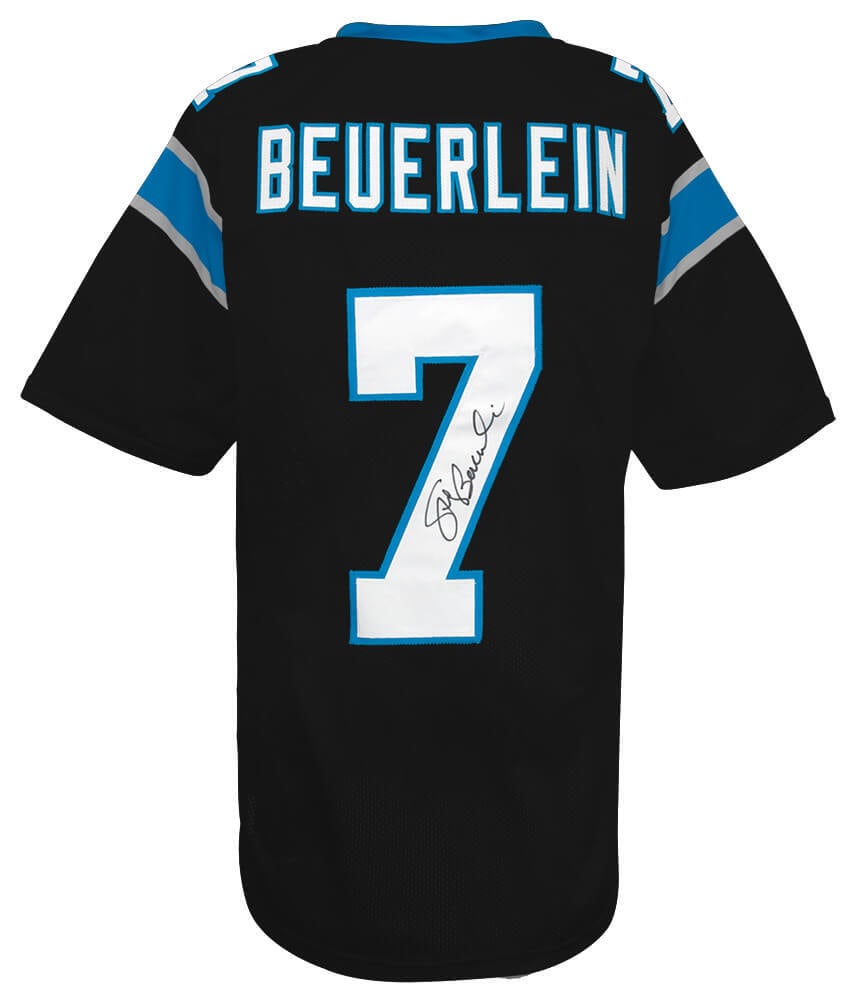 Steve Beuerlein Signed Panthers Black Custom Jersey with COA: Steve Beuerlein Signed Panthers Black Custom Jersey with COA This is a pre-owned black custom football jersey signed by Steve Beuerlein, former quarterback for the Carolina Panthers. The jersey is siz