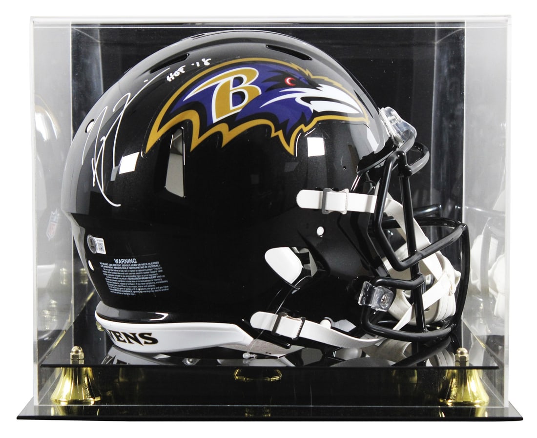 Ray Lewis Signed Ravens Full Size Helmet HOF 18 Beckett Authenticated: Ray Lewis Signed Ravens Full Size Helmet HOF 18 Beckett Authenticated This autographed full-size Speed Proline helmet features the inscription "HOF 18" and has been personally signed by Ray Lewis of t