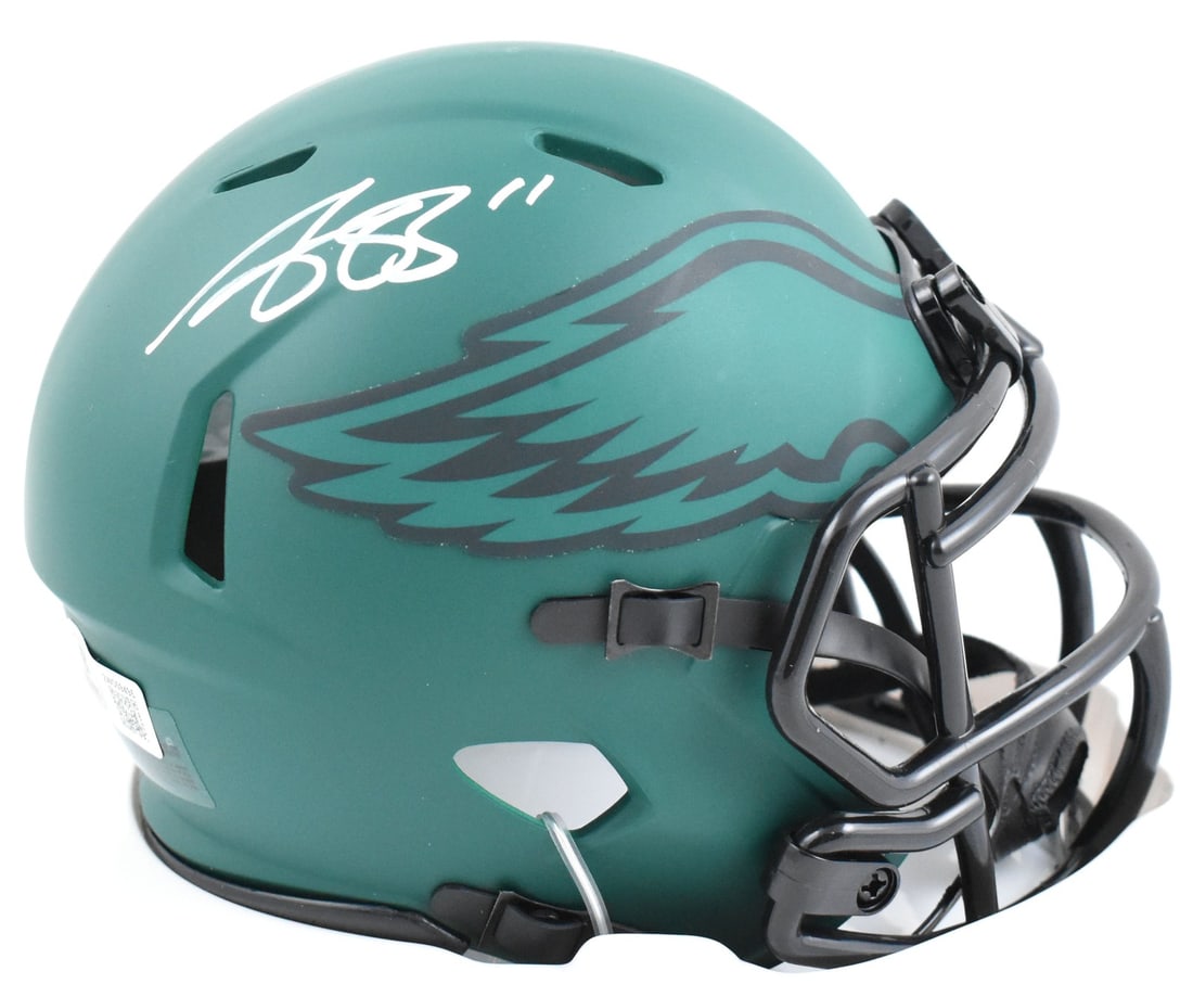 AJ Brown Signed Philadelphia Eagles Mini Helmet Beckett Authenticated: AJ Brown Signed Philadelphia Eagles Mini Helmet Beckett Authenticated This Philadelphia Eagles Rave Speed Mini Helmet features the signature of star player AJ Brown, making it a must-have for any fan