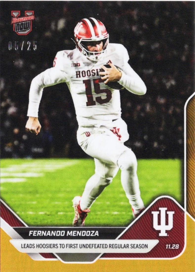2025 Bowman U Now Fernando Mendoza #52 Orange Foil Rookie Card /25 Authentic Topps: 2025 Bowman U Now Fernando Mendoza #52 Orange Foil Rookie Card /25 Authentic Topps Introducing the 2025 Bowman U Now Fernando Mendoza #52 Orange Foil /25 Rookie RC Football Card, a must-have for colle