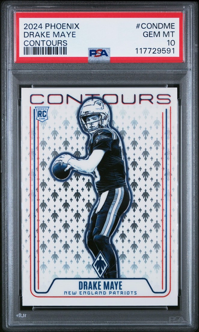 2024 Panini Phoenix Drake Maye PSA 10 Contours RC Football Card: 2024 Panini Phoenix Drake Maye PSA 10 Contours RC Football Card This is a graded 2024 Panini Phoenix Drake Maye #CONDME Contours rookie football card, receiving a perfect PSA 10 grade from Professiona
