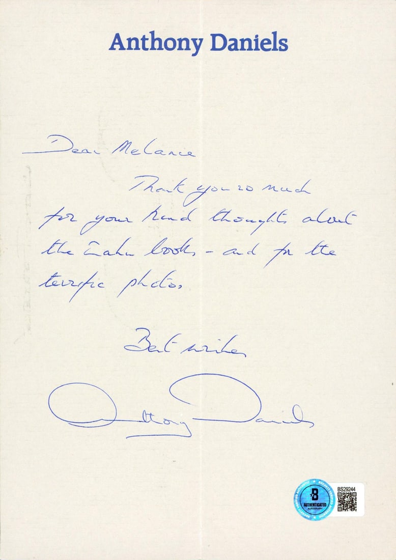 Anthony Daniels Star Wars Signed Letter 8.25x5.75 BAS Authentic (1 of 1)