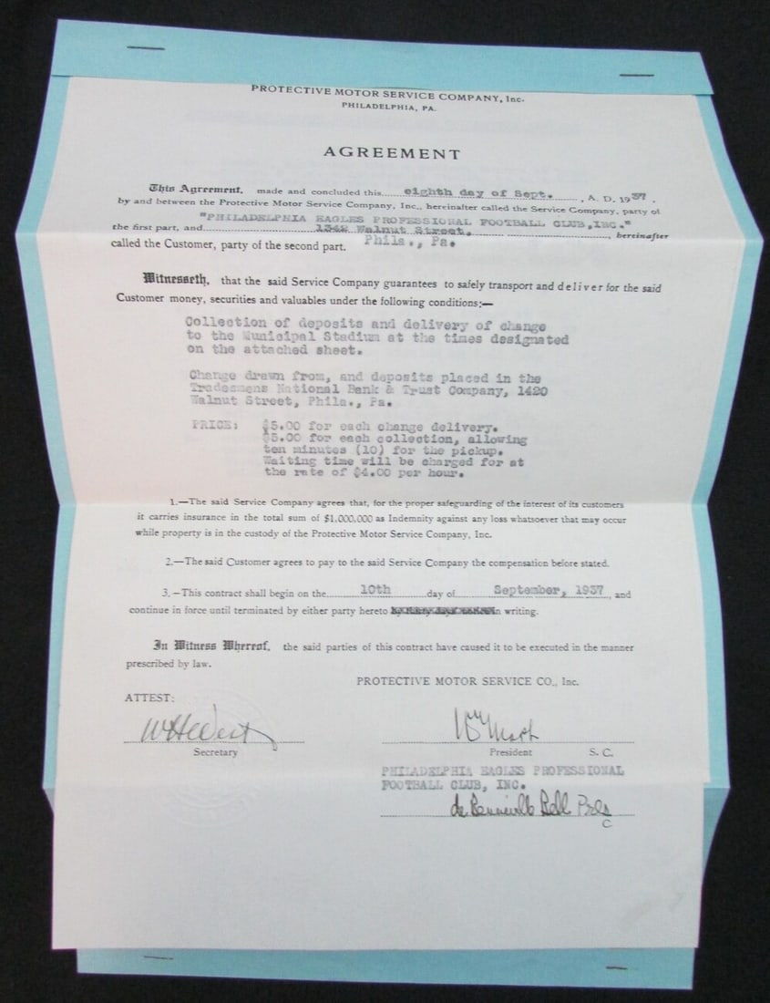 Bert Bell Signed 1937 Philadelphia Eagles Agreement PSA Certified (1 of 3)