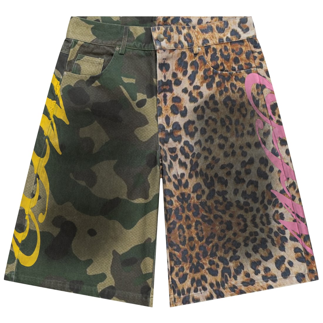OTW Half and Half Cheetah Camo Denim Shorts Small: OTW Half and Half Cheetah Camo Denim Shorts Small Make a bold statement with the OTW Half and Half Cheetah/Camo Denim Shorts. These unique shorts feature a striking design, with one side showcasing a