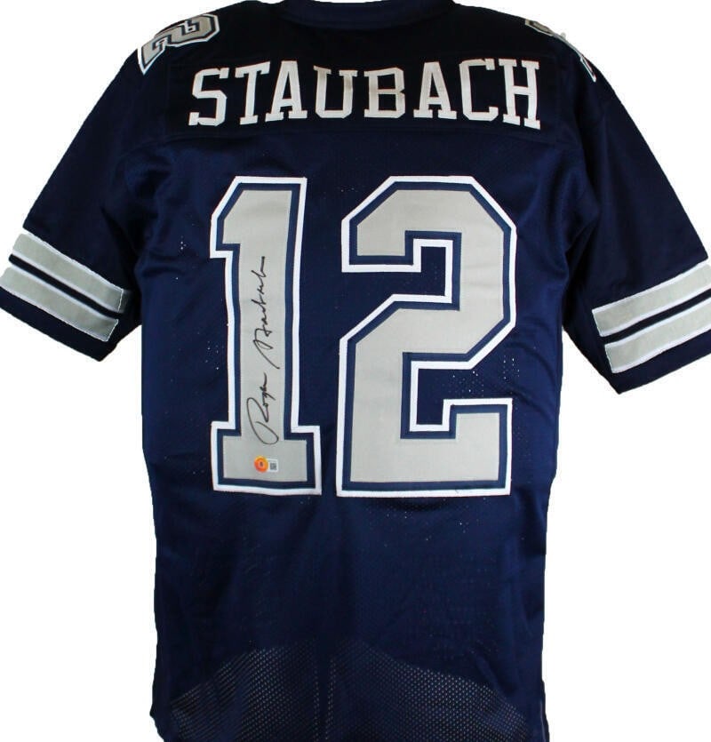 Roger Staubach Autographed Blue Grey Custom Jersey Beckett Certified (1 of 5)