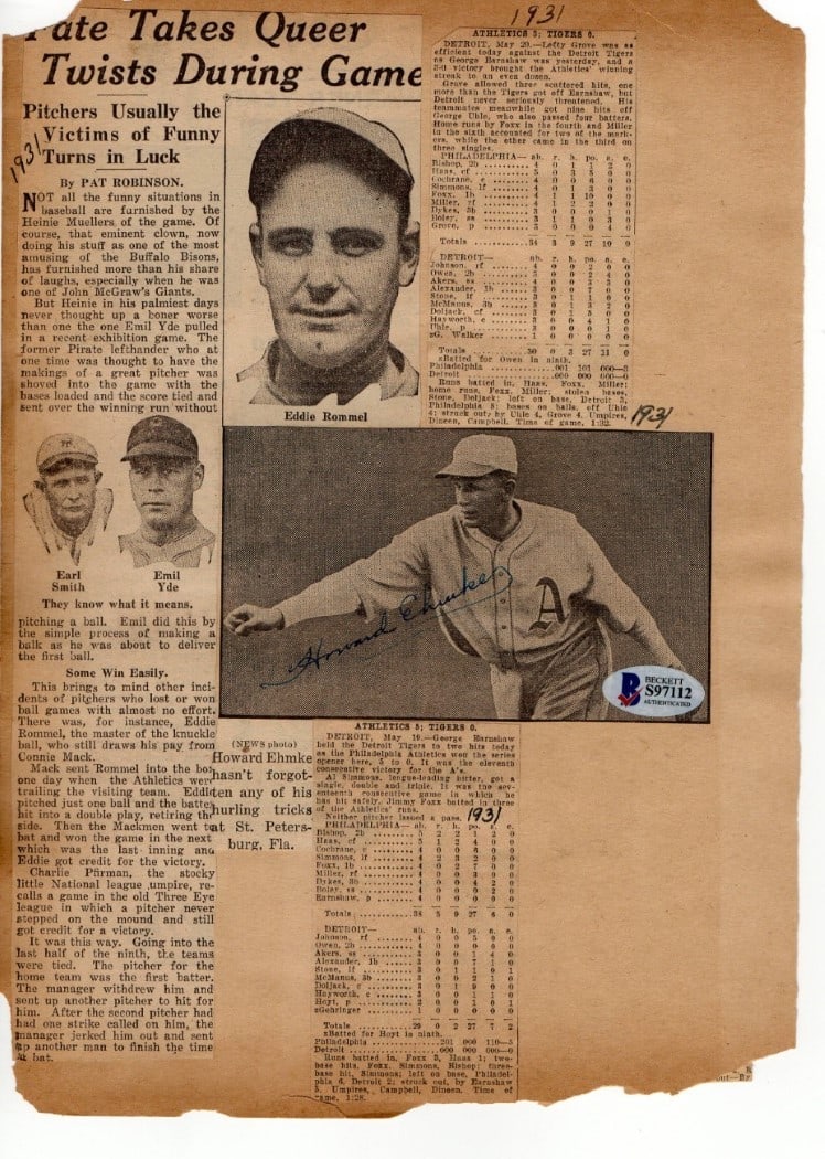 Howard Ehmke Autographed Cut Signature Philadelphia Athletics Beckett Authenticated (1 of 3)