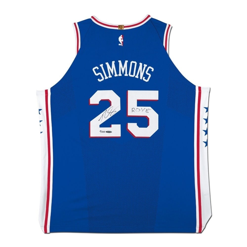 Ben Simmons Autographed Blue 76ers Jersey ROY 18 Inscribed Limited Edition #/225: Ben Simmons Autographed Blue 76ers Jersey ROY 18 Inscribed Limited Edition #/225 This is a Ben Simmons autographed blue Philadelphia 76ers jersey, inscribed "ROY 18" and limited to 225 pieces. The jer