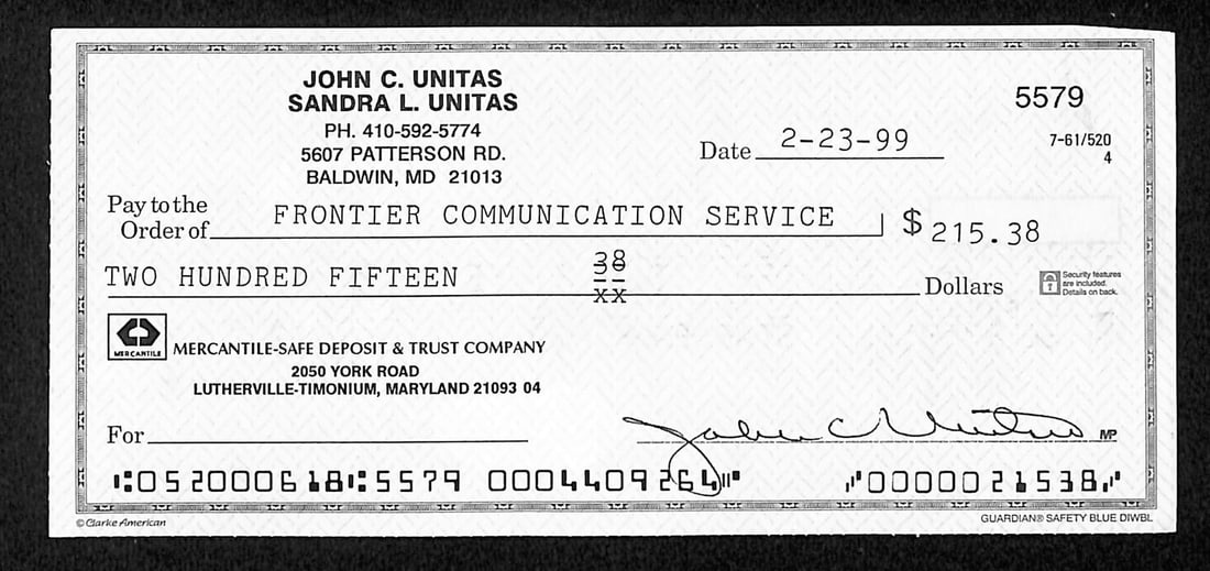 Johnny Unitas HOF Autographed 1999 Bank Check Baltimore Colts JSA Certified (1 of 2)