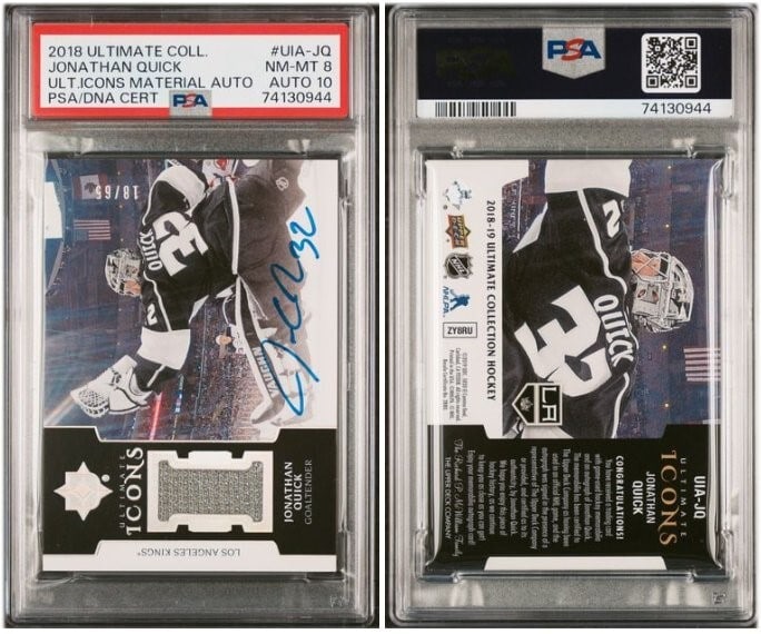 Jonathan Quick 2018 Ultimate Icons Material Auto PSA 8 Limited Edition 18/65: Jonathan Quick 2018 Ultimate Icons Material Auto PSA 8 Limited Edition 18/65 This collectible card features Jonathan Quick from the 2018 Ultimate Collection, showcasing the Ultimate Icons Material Aut