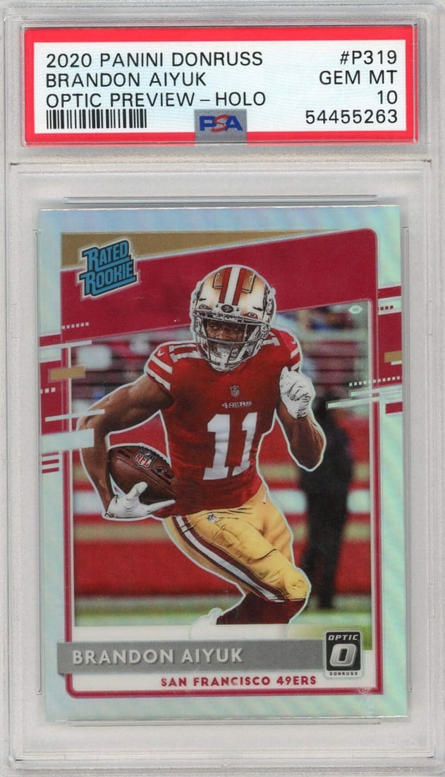 2020 Donruss Brandon Aiyuk #P319 Optic Preview Holo Card PSA 10: 2020 Donruss Brandon Aiyuk #P319 Optic Preview Holo Card PSA 10 This is a graded 2020 Donruss Brandon Aiyuk #P319 Optic Preview Holo football card, achieving a perfect PSA grade of 10. The card featur
