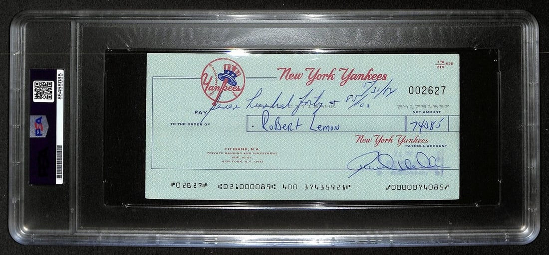 Bob Lemon HOF Autographed 1984 Yankees Payroll Check PSA/DNA: Bob Lemon HOF Autographed 1984 Yankees Payroll Check PSA/DNA This 1984 New York Yankees Payroll Bank Check is a genuine piece of baseball memorabilia, featuring the autograph of Hall of Famer Bob Lemo