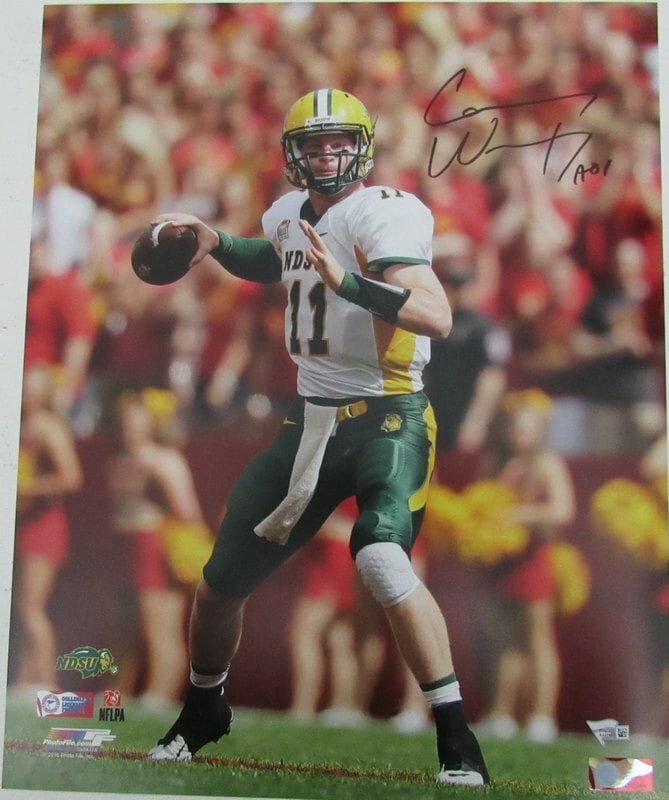Carson Wentz Autographed 16x20 Photo North Dakota State Fanatics Authentic: Carson Wentz Autographed 16x20 Photo North Dakota State Fanatics Authentic This is a remarkable 16x20 photo of Carson Wentz, signed and autographed during his time at North Dakota State. The photo is