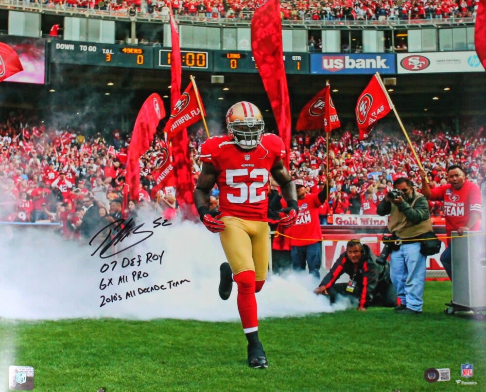 Patrick Willis Signed 16x20 SF 49ers Photo with 3 Inscriptions Beckett Authenticated: Patrick Willis Signed 16x20 SF 49ers Photo with 3 Inscriptions Beckett Authenticated This is an original 16x20 photo of Patrick Willis, a legendary player for the San Francisco 49ers, featuring three