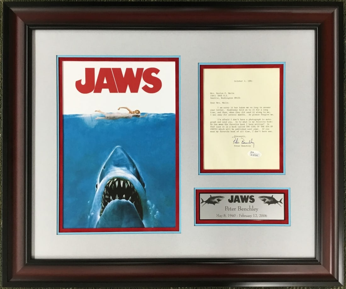 Peter Benchley Jaws Signed Letter Custom Framed Display JSA Authenticated (1 of 6)
