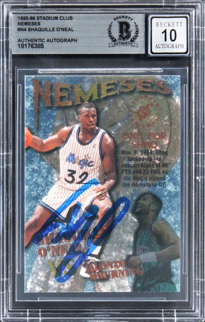 Shaquille O'Neal Signed 1995 Stadium Club Nemeses Card Auto 10 Beckett Authenticated: Shaquille O'Neal Signed 1995 Stadium Club Nemeses Card Auto 10 Beckett Authenticated This 1995 Stadium Club Nemeses #N4 card is a must-have for any basketball fan. Personally signed by Shaquille O'Nea