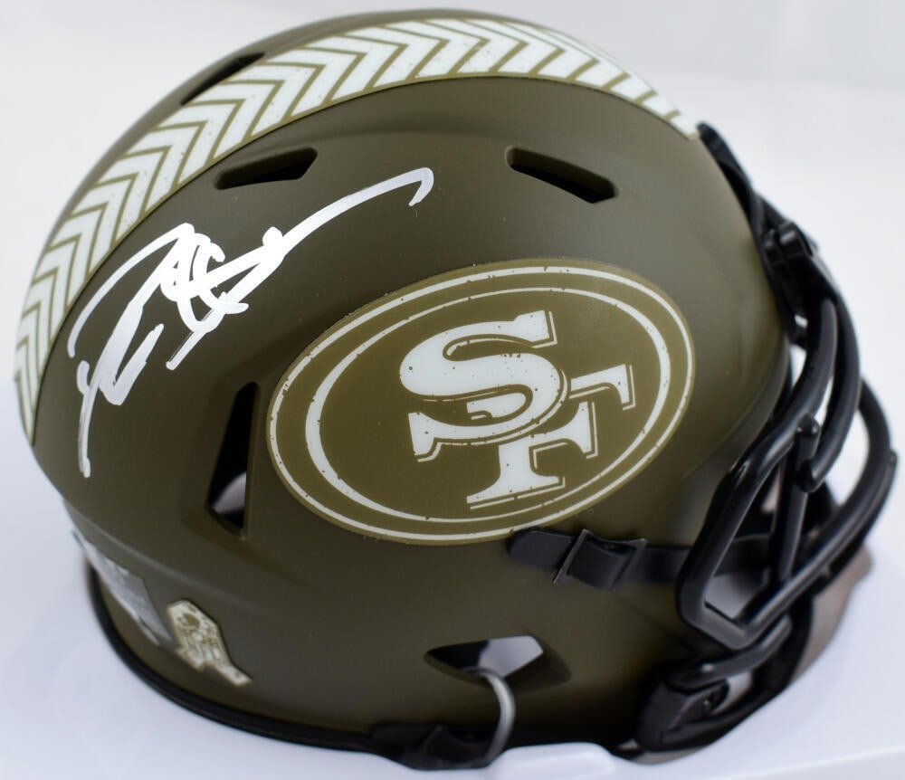 Deion Sanders Autographed 49ers Salute to Service Mini Helmet Beckett: Deion Sanders Autographed 49ers Salute to Service Mini Helmet Beckett This is an original Deion Sanders signed mini helmet commemorating the San Francisco 49ers' Salute to Service campaign. The helmet