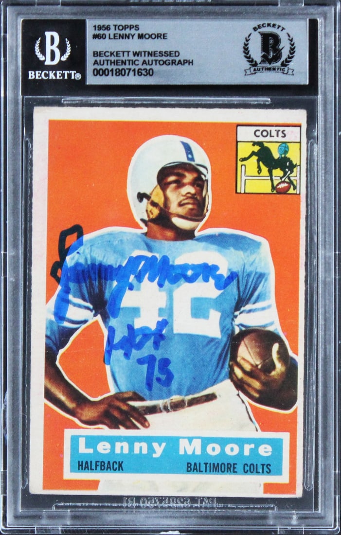 Lenny Moore Signed 1956 Topps #60 Card Mint 10 BAS Slabbed Colts (1 of 2)
