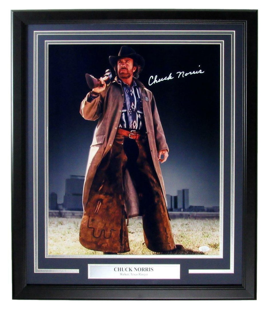 Chuck Norris Autographed 16x20 Photo Walker Texas Ranger Framed JSA Certified: Chuck Norris Autographed 16x20 Photo Walker Texas Ranger Framed JSA Certified This is a framed 16x20 photograph of Chuck Norris from the iconic series "Walker, Texas Ranger," featuring his autograph.