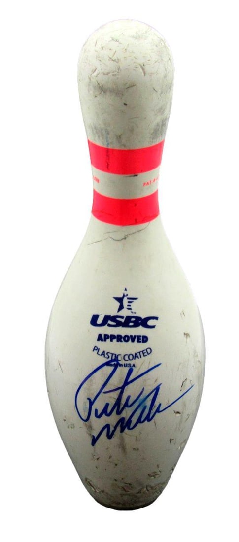 Pete Weber Autographed USBC AMFLITE II Bowling Pin JSA Certified: Pete Weber Autographed USBC AMFLITE II Bowling Pin JSA Certified This is an authentic Pete Weber signed USBC AMFLITE II bowling pin. The pin is accompanied by a tamper-proof sticker and a certificate