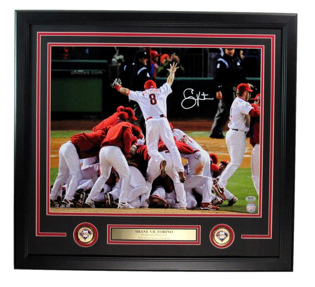 Shane Victorino Signed 16x20 Phillies Photo Framed PSA/DNA: Shane Victorino Signed 16x20 Phillies Photo Framed PSA/DNA This is a Shane Victorino signed and autographed 16x20 photo of the Philadelphia Phillies, beautifully framed for display. The frame measures
