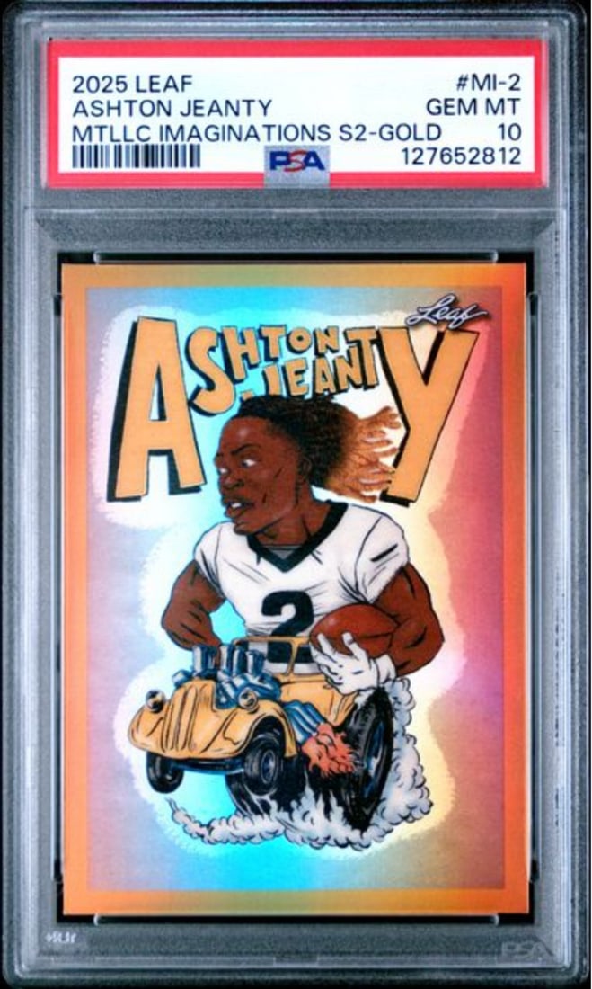 2025 Leaf Ashton Jeanty MI2 Gold /99 Rookie Card PSA 10 NFL: 2025 Leaf Ashton Jeanty MI2 Gold /99 Rookie Card PSA 10 NFL This is a graded 2025 Leaf Ashton Jeanty MI2 Metallic Series 2 Gold /99 Rookie Card, featuring the talented athlete Ashton Jeanty. The card